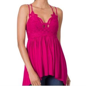 New! MAGENTA Crochet Lace Flowing Cami Tunic Top with criss cross straps